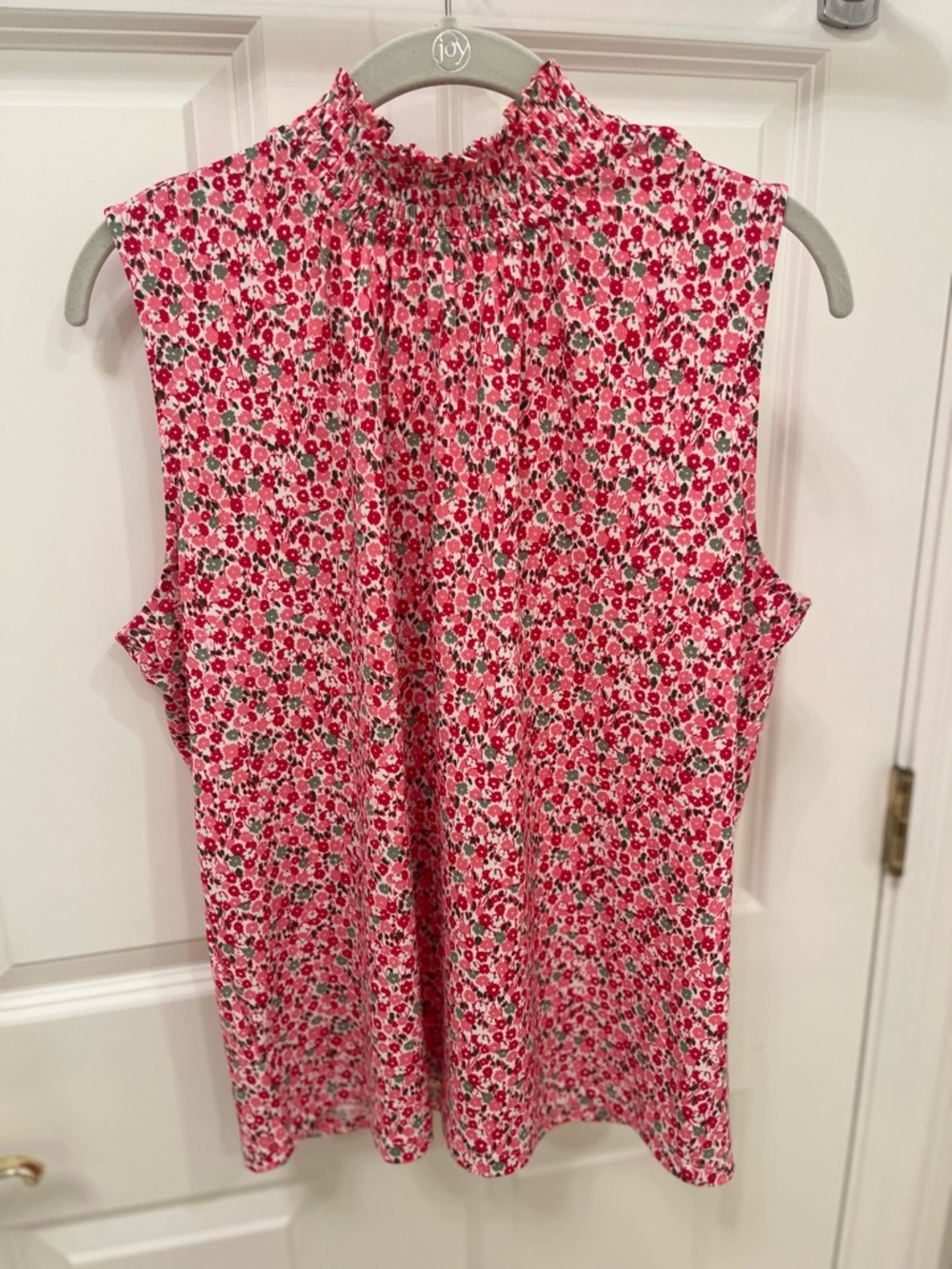 Ann Taylor Red and Pink Floral Smocked Neck Shell